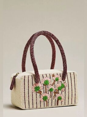 Last One Anthropologie Beaded Box-Shaped Bag Purse Brown White Cream Floral New